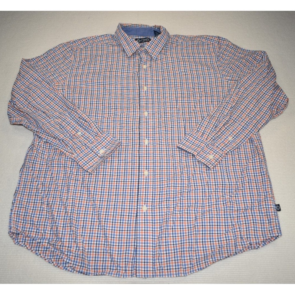 Chaps Classic Fit Button-Down Plaid Shirt Men's XL Blue Orange White Cotton